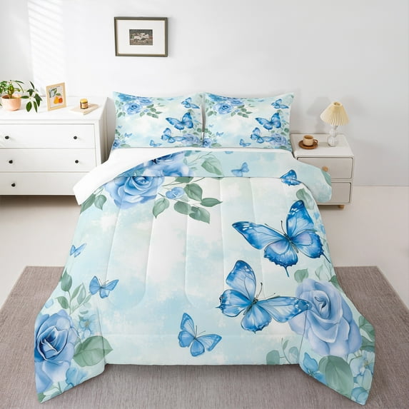 Manfei Chic Butterflies King Size Comforter Sets,Rustic Leaves Bedding Comforter Set,Dreamy Blue Rose Bedding Set For Kids,Luxury Bedroom Decor,3-Piece
