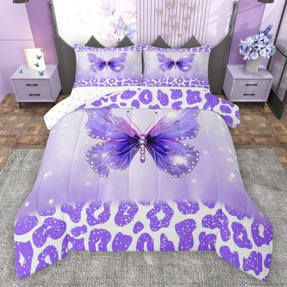 Manfei Chic Butterflies Queen Comforter Set,Wild Cheetah Print Bedding Sets,Purple White Bedding Comforter Set For Girls Teens,Ultra Soft Home Decor Reversible,3-Piece