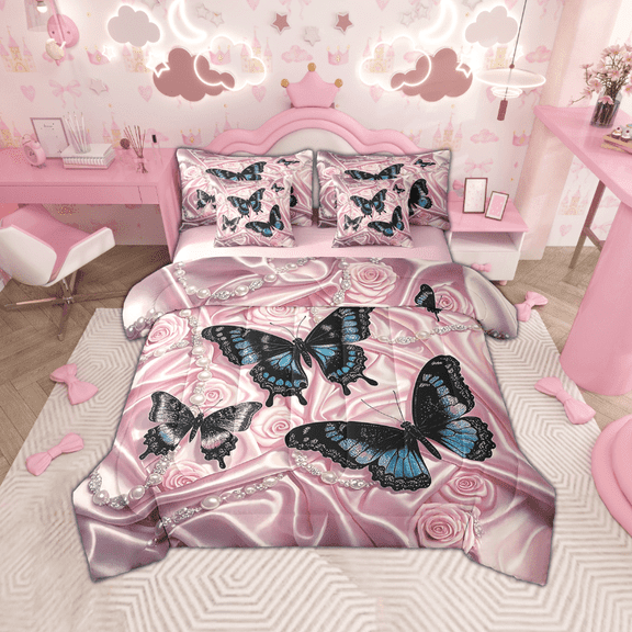Manfei Chic Butterfly 7-Piece Bedding Sets Full Size for Women Girls, Princess Style Comforter Sets with Sheets, Luxury Pearl Brocade Bedding Accessories, Breathable Bedroom Decorative