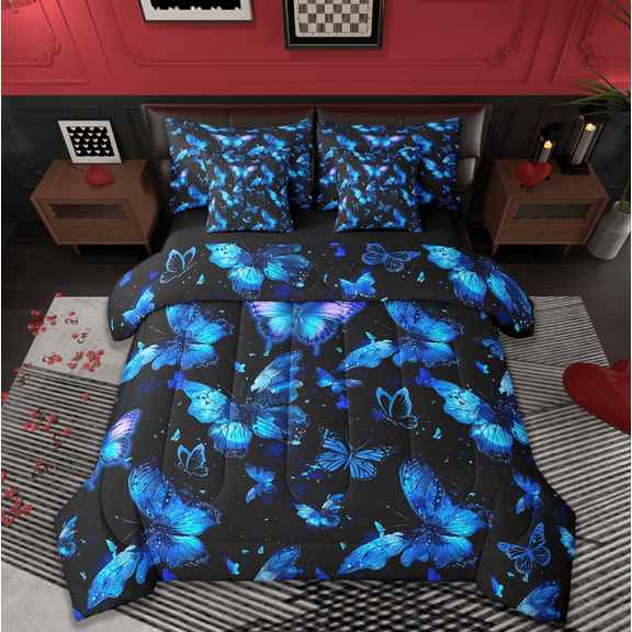 Manfei Chic Butterfly Bed in a Bag Queen Size,Insect Animal Bed Set,Dreamy Blue Bedding Queen Size For Girl,Microfiber Room Decorative Reversible,7 Pieces