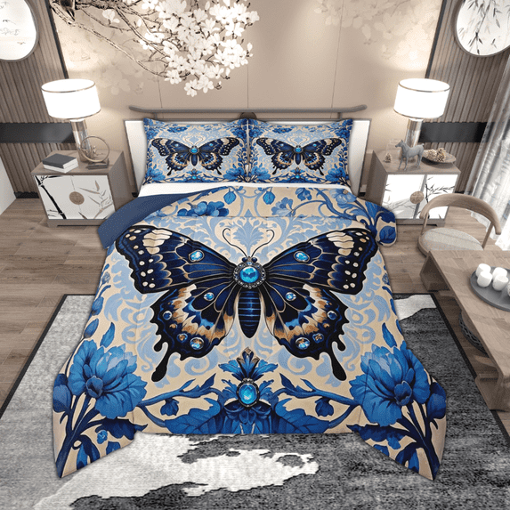 Manfei Chic Butterfly Bedding Full Comforter Set, Bohemian Damask Mandala Down Comforter, Botanical Floral Flower Bedding Sets Full with Comforter, Super Cozy Bedroom Decorative, 3 Pieces Reversible