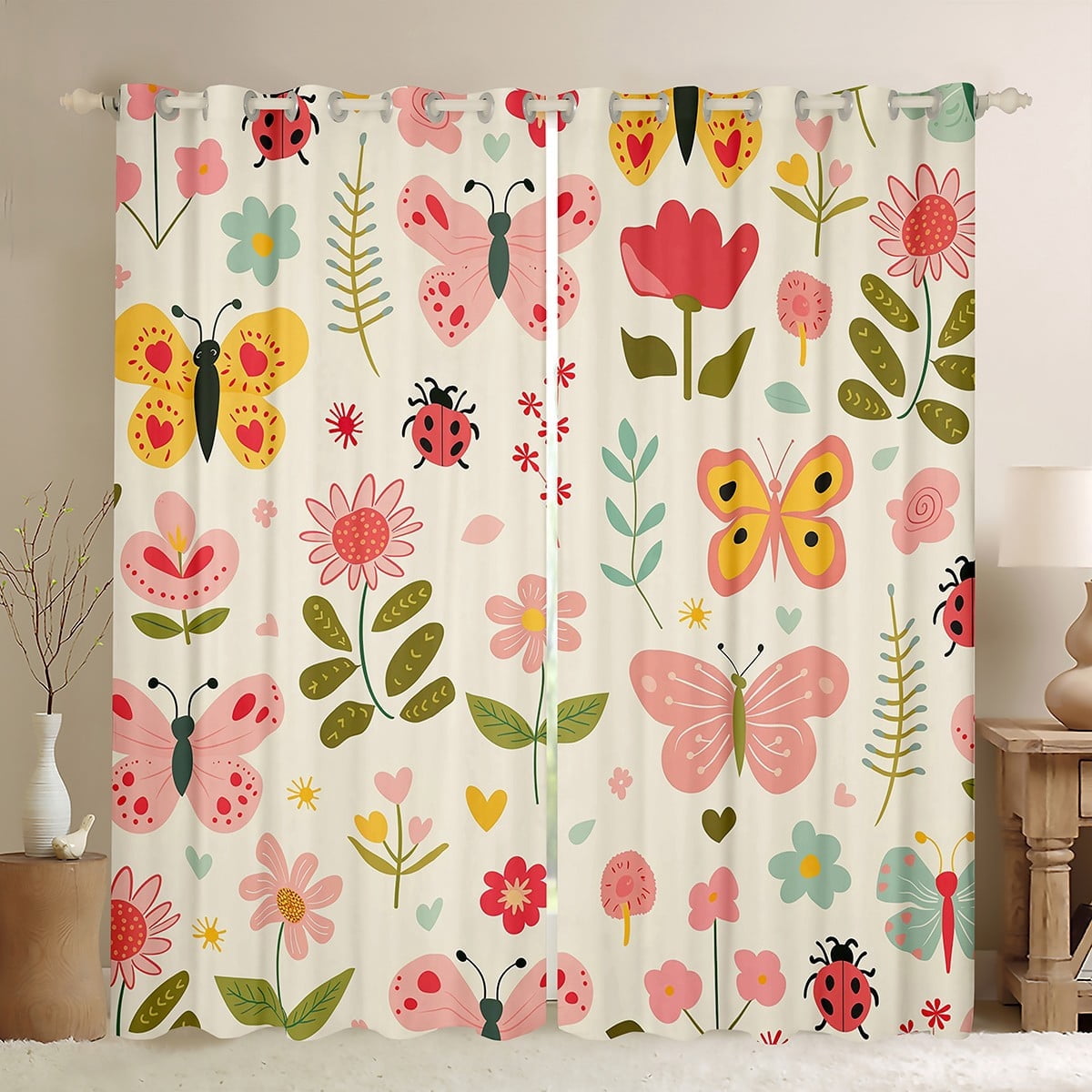 Manfei Chic Butterfly Curtains Pack of 2 (42x84 Each) for Kids Girls, Groovy Floral Curtains Blackout, Cartoon Wildlife Animal Bedroom Curtains, Luxurious Room Decor