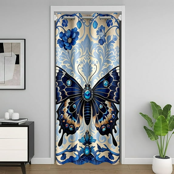 Manfei Chic Butterfly Door Curtain For Doorways 34x80, Bohemian Damask Mandala Black Out Curtain, Botanical Floral Flower Door Curtain Hanging Decoration, Super Cozy Bedroom Decorative