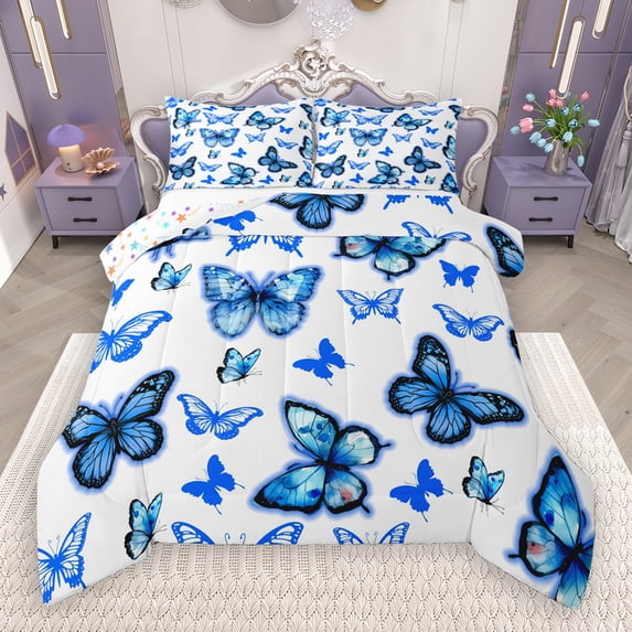 Manfei Chic Butterfly Queen Comforter Set,Wild Animal Bedding Sets,Blue White Bedding Comforter Set For Girls Kids,Breathable Home Decor Reversible,3 Pieces