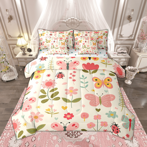 Manfei Chic Butterfly Twin Bedding Sets 7 Pieces for Kids Girls, Groovy Floral Bedding Comforter Set, Cartoon Wildlife Animal Sheet Sets, Lightweight Room Decor
