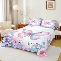 Manfei Chic Butterfly Twin Sheet Sets,Natural Botanical Leaf Twin Fitted Sheet,Gradient Pink Blue Flat Sheet For Girls Kids,Breathable Home Decor,3 Pieces