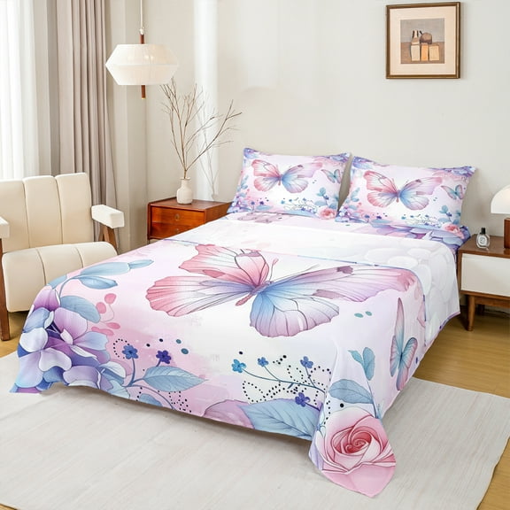 Manfei Chic Butterfly Twin Sheet Sets,Natural Botanical Leaf Twin Fitted Sheet,Gradient Pink Blue Flat Sheet For Girls Kids,Breathable Home Decor,3 Pieces