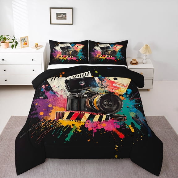 Manfei Chic Camera Queen Comforter Set,Graffiti Hippie Bedding Sets,Watercolor Splashing Ink Bedding Comforter Set For Girls Boys,Lightweight Bedroom Decoration Reversible,3 Pieces