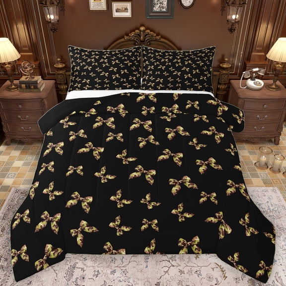 Manfei Chic Camo Bowknot Full Size Comforter Sets, Cartoon Ribbon Bow-tie Bedding Comforter Set, Teens Kids Boys Girls Reversible Bedding Sets, Ultra Soft Bedroom Decor, 3pcs