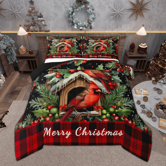 Manfei Chic Cardinal Bird Bedding Comforter Set, Merry Christmas Twin Comforter Sets, Xmas Red Checkered Bedding Set, Microfiber Bedroom Decor, Reversible 2 Pieces
