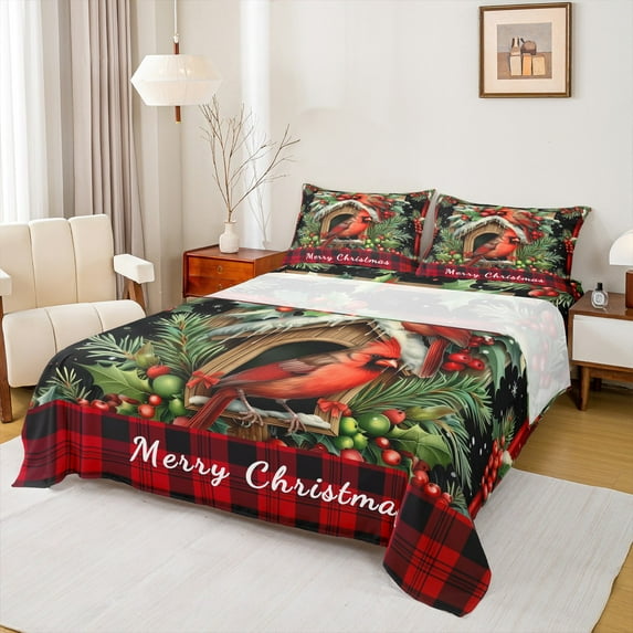 Manfei Chic Cardinal Bird Twin Sheet Sets 3 Pieces, Merry Christmas Twin Fitted Sheet, Xmas Red Checkered Flat Sheet, Microfiber Bedroom Decor