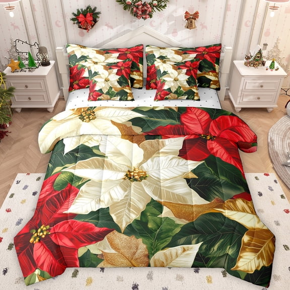 Manfei Chic Christmas Flower 7-Piece Bedding Comforter Set,Merry Xmas King Bedding Sets,Gred White Green Bed Sheets For Teens,Microfiber Bedroom Decor Reversible