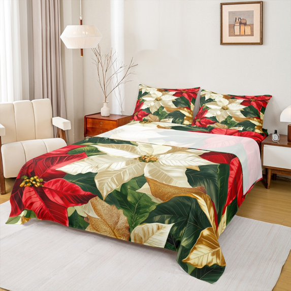 Manfei Chic Christmas Flower Bed Sheets,Merry Xmas King Sheets,Gred White Green Sheet Set For Teens,Microfiber Bedroom Decor,4-Piece