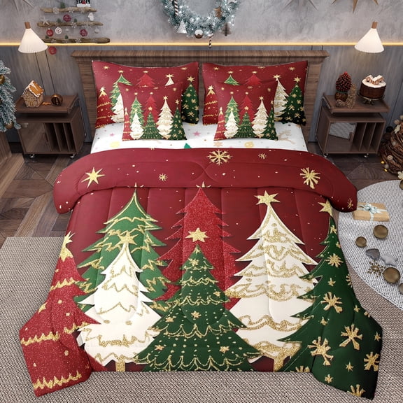 Manfei Chic Christmas Tree 7-Piece Bedding Comforter Set,Gold Sequin Print King Bedding Sets,Merry Xmas Bed Sheets For Girls Kids,Microfiber Bedroom Decor Reversible