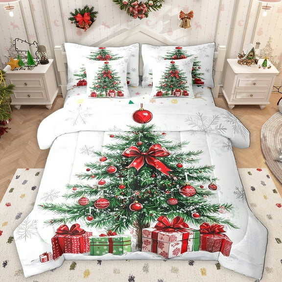 Manfei Chic Christmas Tree 7-Piece Twin Bedding Sets,Happy New Year Bedding Comforter Set,White Green Red Sheet Sets For Girls Kids,Microfiber Bedroom Decor Reversible