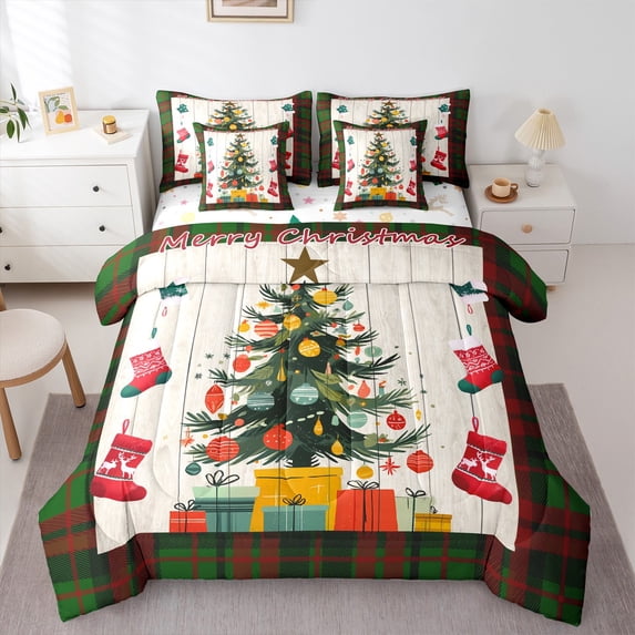 Manfei Chic Christmas Tree 7-Piece Twin Bedding Sets,Red Xmas Stocking Bedding Comforter Set,Old Barn Door Sheet Sets For Teens,Breathable Home Decor Reversible