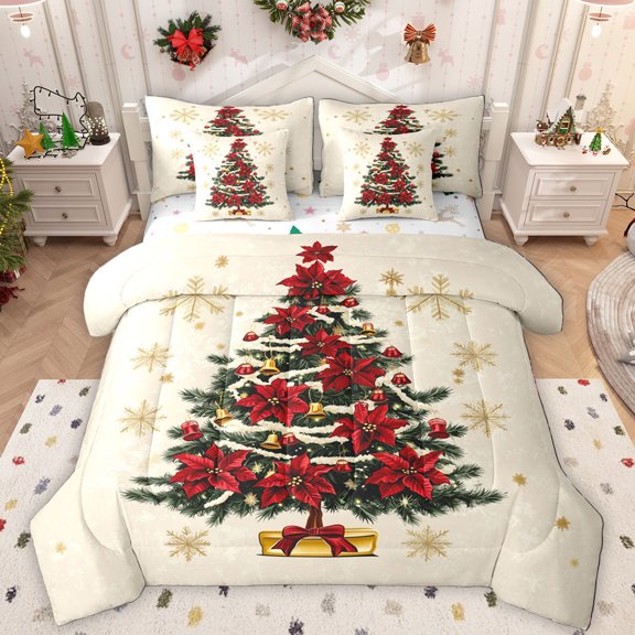 Manfei Chic Christmas Tree 7pcs Bedding Comforter Set,Red Xmas Flower Queen Bedding Sets,Gold Snowflake Queen Sheet Sets For Teens,Microfiber Bedroom Decor Reversible