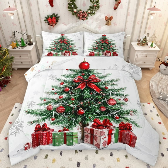 Manfei Chic Christmas Tree Bedding Comforter Set,Happy New Year Twin Comforter Sets,White Green Red Bedding Set For Girls Kids,Microfiber Bedroom Decor Reversible,2 Pieces