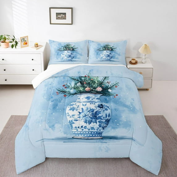 Manfei Chic Christmas Tree Twin Comforter Set,Red Xmas Ball,Blue Splatter,2-Piece Cozy Decor