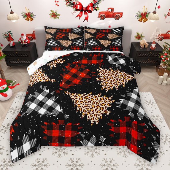 Manfei Chic Christmas Tree Full Size Comforter Sets for Kids, Leopard Cheetah Print Bedding Comforter Set, Fashion Checkered Plaid Reversible Bedding Sets, Microfiber Bedroom Decor, 3 Pieces