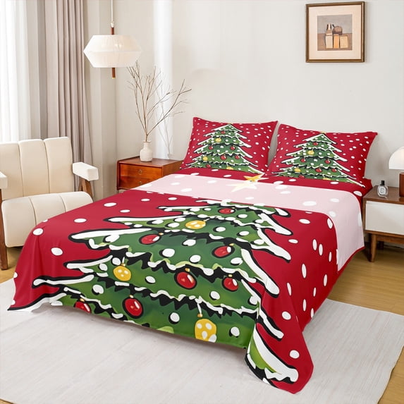 Manfei Chic Christmas Tree Full Size Sheets,Modern Geometric Dots Bed Sheets,Green Red White Sheet Sets For Girls Teens,Ultra Soft Home Decor,4 Pieces