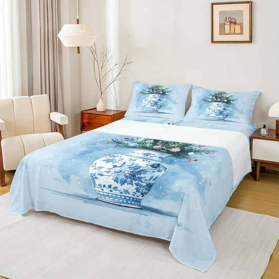 Manfei Chic Christmas Tree Full Sheet Set,Red Xmas Ball,Blue Splatter,4-Piece Cozy