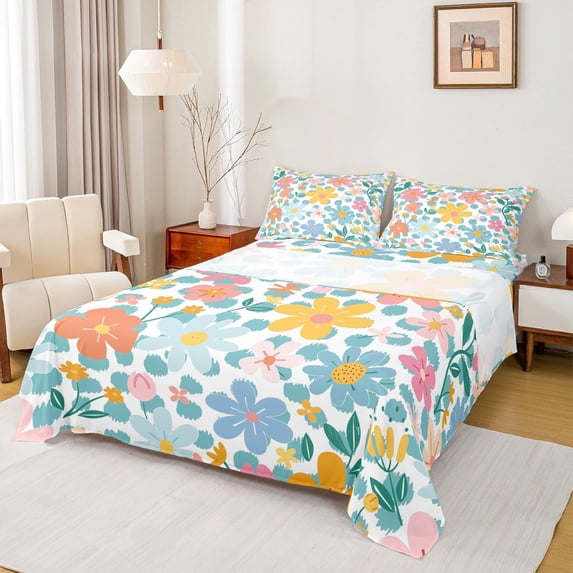 Manfei Chic Colorful Flowers 4pcs Bed Sheets for Female Men,Polka Dots King Sheets,Spring Garden Super Cozy Sheet Set,Ultra Soft Home Decor
