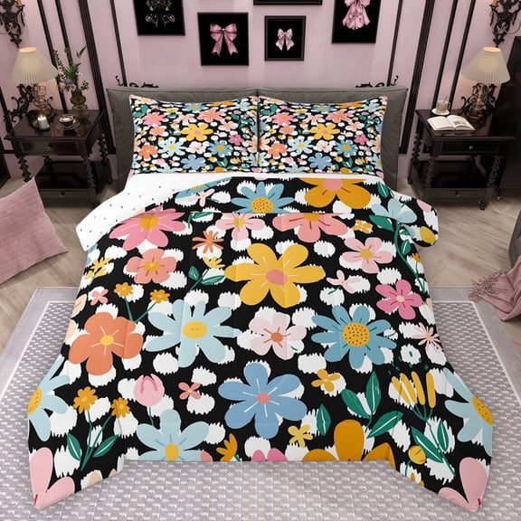 Manfei Chic Colorful Flowers Bedding Comforter Set 2pcs for Female Men,Polka Dots Twin Comforter Sets Microfiber,Spring Garden Breathable Bedding Set,Ultra Soft Home Decor,Reversible