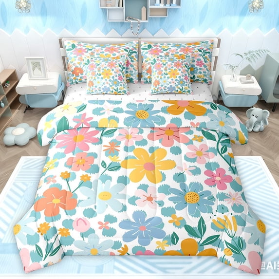 Manfei Chic Colorful Flowers Bedding Comforter Set 7 Pieces for Female Men,Polka Dots Full Bedding Set Lightweight,Spring Garden Fitted Sheet Flat Sheet,Ultra Soft Home Decor,Reversible
