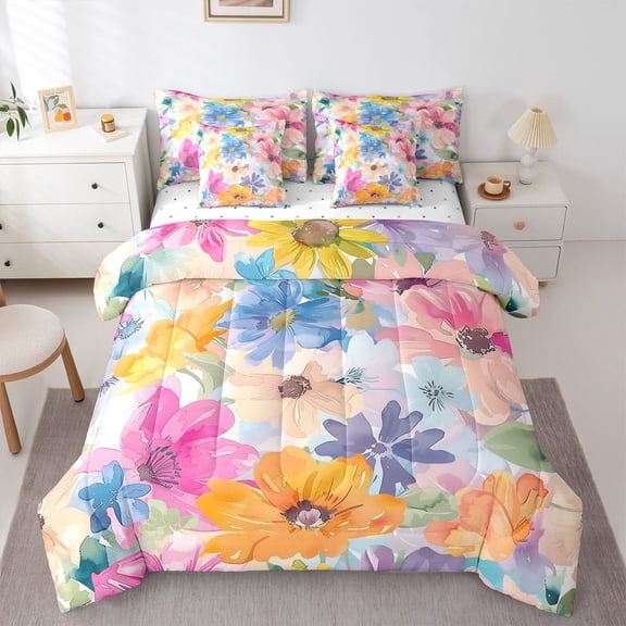 Manfei Chic Colorful Flowers Twin Bedding Sets 7-Piece for Adults Girls Boys,Vintage Aesthetics Bedding Comforter Set Microfiber,Spring Garden Breathable Sheet Sets,Luxury Bedroom Decor,Reversible
