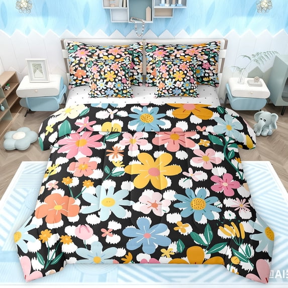 Manfei Chic Colorful Flowers Twin Bedding Sets 7-Piece for Female Men,Polka Dots Bedding Comforter Set Microfiber,Spring Garden Breathable Sheet Sets,Ultra Soft Home Decor,Reversible