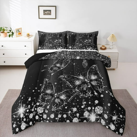 Manfei Chic Dandelion Full Size Comforter Sets,Wild Butterflies Bedding Comforter Set,Black Sliver Bedding Sets For Girl,Luxury Bedroom Decor Reversible,3 Pieces