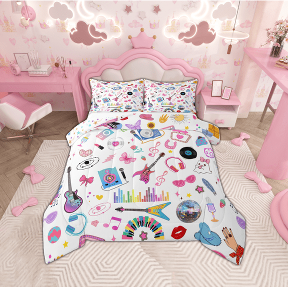 Manfei Chic Disco Ball Queen Comforter Set,Girls Music Guitar Bedding Sets,Pink Bowtie Bow Knot Bedding Comforter Set For Kids Teens,Super Cozy Room Decor Reversible,3pcs