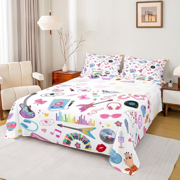 Manfei Chic Disco Ball Queen Sheet Sets,Girls Music Guitar Flat Sheet,Pink Bowtie Bow Knot Queen Fitted Sheet For Kids Teens,Super Cozy Room Decor,4pcs