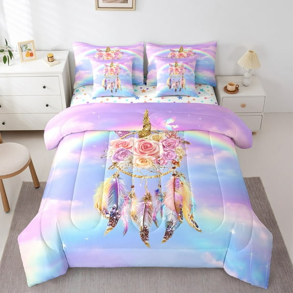 Manfei Chic Dreamcatcher Bedding Comforter Set 7-Piece,Colorful Flower Floral King Bedding Sets,Pink Purple Blue Bed Sheets For Girls,Ultra Soft Home Decor Reversible