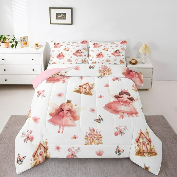 Manfei Chic Eif Bedding Sets Twin with Comforter,Fairy Tale Castle Duvet Insert,Pink Princess Girl Comforter Sets Twin Size For Girls Kids,Breathable Room Decor Reversible,2pcs