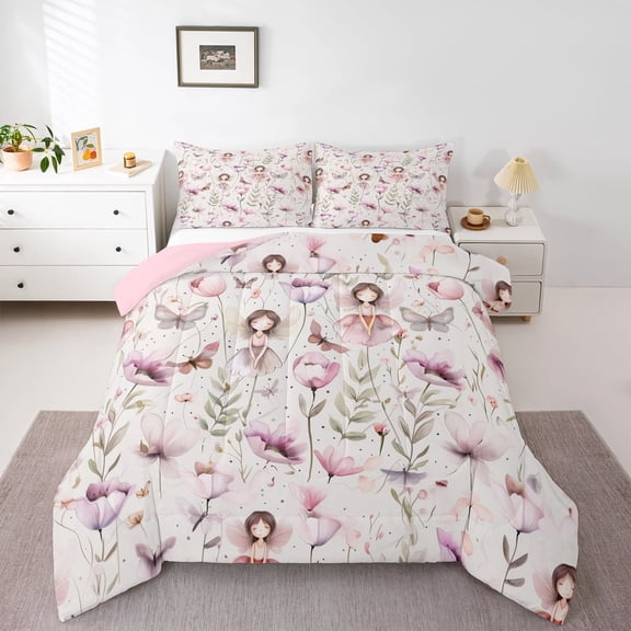 Manfei Chic Elf Bedding Comforter Set,Rustic Flower Twin Comforter Sets,Romantic Fairy Tale Theme Bedding Set For Girl Teens,Microfiber Bedroom Decor Reversible,2-Piece