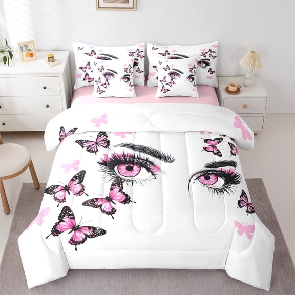 Manfei Chic Eye Eyelash 7-Piece Twin Bedding Sets,Cartoon Butterfly Bedding Comforter Set,Pink White Black Sheet Sets For Teens,Super Cozy Room Decor Reversible