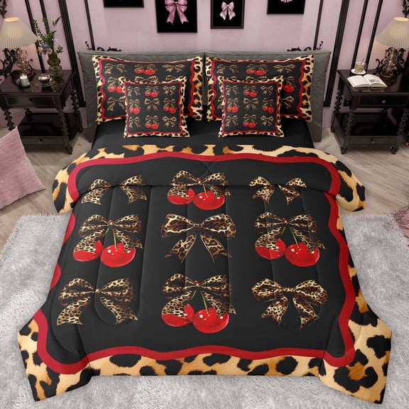 Manfei Chic Fashion Ribbon Bedding Comforter Set 7pcs for Women, Bowknot Cherry King Bedding Sets, Cheetah Leopard Print Reversible Bed Sheets, Lightweight Room Decor