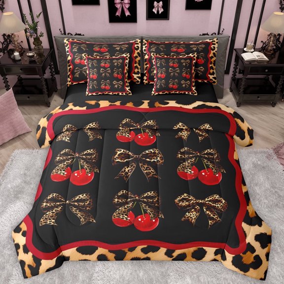 Manfei Chic Fashion Ribbon Bedding Comforter Set 7pcs for Women, Bowknot Cherry King Bedding Sets, Cheetah Leopard Print Reversible Bed Sheets, Lightweight Room Decor