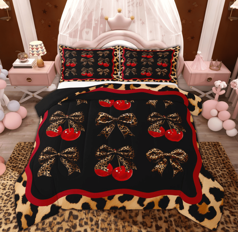 Manfei Fashion Ribbon Cherry Bedding Comforter Set for Women Girls, Cheetah Leopard Print Bowknot Twin Comforter Sets, Black Reversible, 2-Piece
