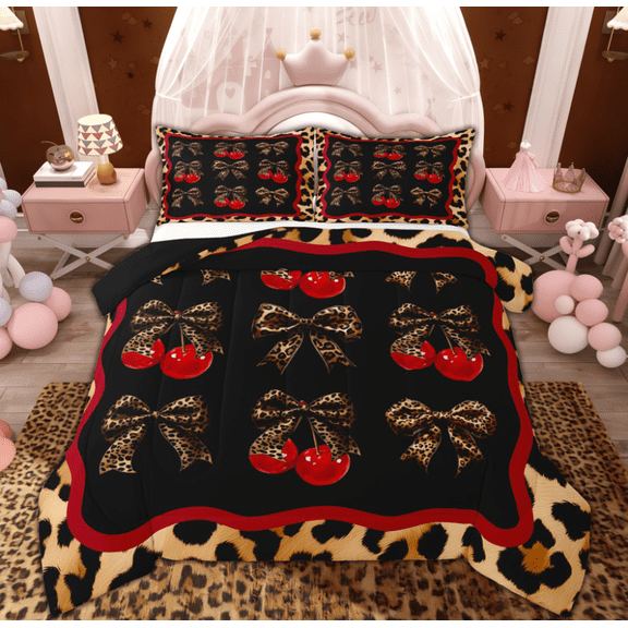 Manfei Fashion Ribbon Cherry Queen Comforter Set for Women Girls, Cheetah Leopard Print Bowknot Bedding Sets, Black Reversible, 3-Piece
