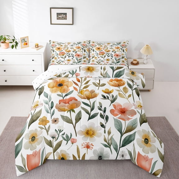 Manfei Chic Floral Bedding Comforter Set 2pcs for Kids Teens,Spring Garden Twin Comforter Sets Microfiber,Flowers Blossoms Breathable Bedding Set,Super Cozy Room Decor,Reversible