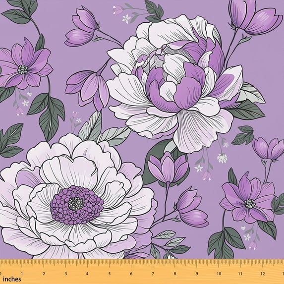 Manfei Chic Floral Fabric by the Yard 1 Yard, Tropical Blossom Home Decor Fabric by the Yard, Lavender Purple White