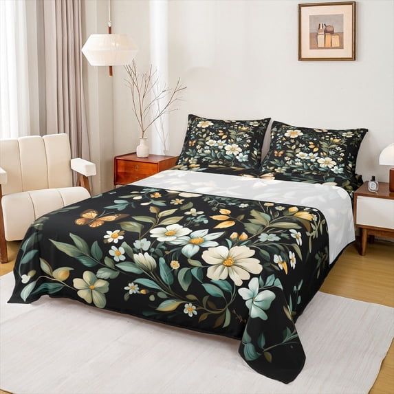 Manfei Chic Floral Flowers 4pcs Bed Sheets for Boys Girls,Spring Garden King Sheets,Vintage Aesthetics Super Cozy Sheet Set,Lightweight Room Decor