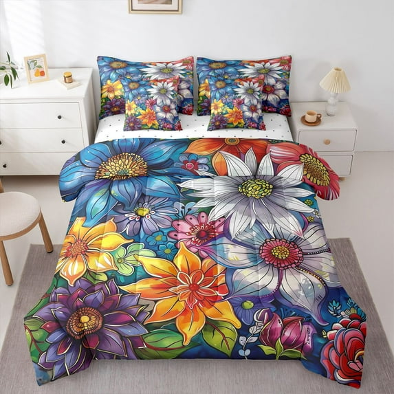 Manfei Chic Floral Flowers Bedding Comforter Set 7-Piece for Boys Girls,Spring Garden King Bedding Sets,Vintage Aesthetics Ultra Soft Bed Sheets,Lightweight Room Decor,Reversible