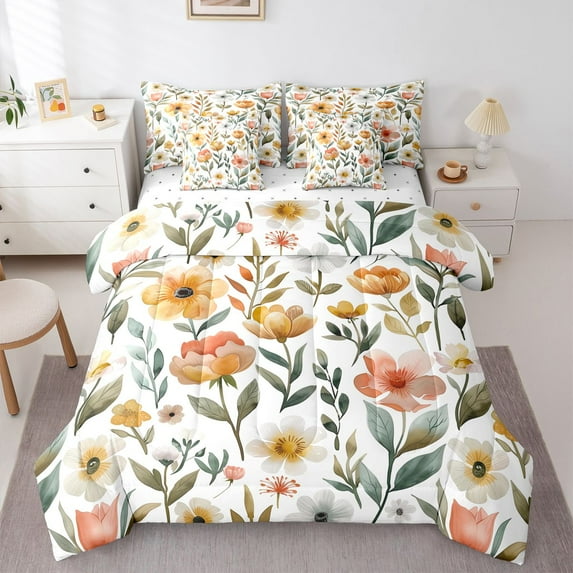 Manfei Chic Floral Twin Bedding Sets 7-Piece for Kids Teens,Spring Garden Bedding Comforter Set Microfiber,Flowers Blossoms Breathable Sheet Sets,Super Cozy Room Decor,Reversible