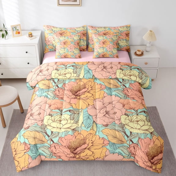 Manfei Chic Flower Bedding Comforter Set 7 Pieces for Adults Female Men,Spring Garden Full Bedding Set Lightweight,Exotic Style Fitted Sheet Flat Sheet,Ultra Soft Home Decor,Reversible