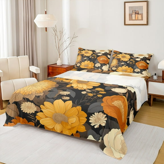 Manfei Chic Flower Boy Girl 3pcs Twin Sheet Sets,Retro Vintage Twin Fitted Sheet,Botanical Plants Breathable Flat Sheet,Super Cozy Room Decor