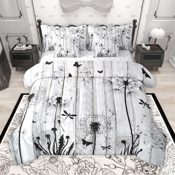 Manfei Chic Flower Dandelion Boy Girl 7pcs Bedding Comforter Set,Flying Butterfly Dragonfly Queen Bedding Sets Super Cozy,Rustic Cabin Queen Sheet Sets,Super Cozy Room Decor,Reversible